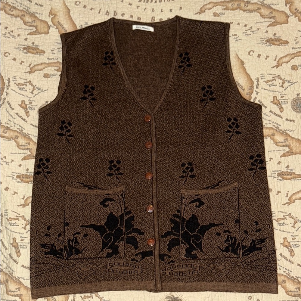 Sunlamail Brown Floral Knit Sweater Vest EUC